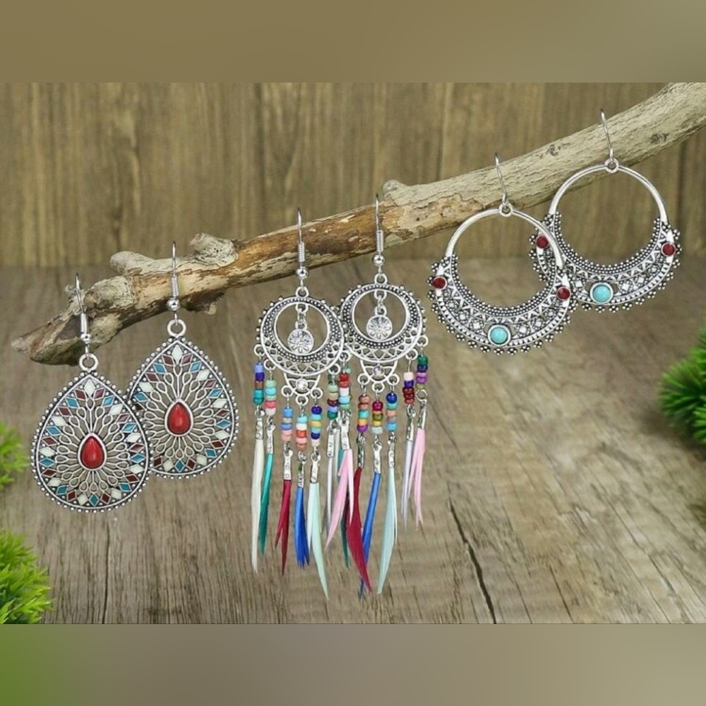 3 Pairs Boho Water Drop and Feather Drop Earrings New Statement Jewelry